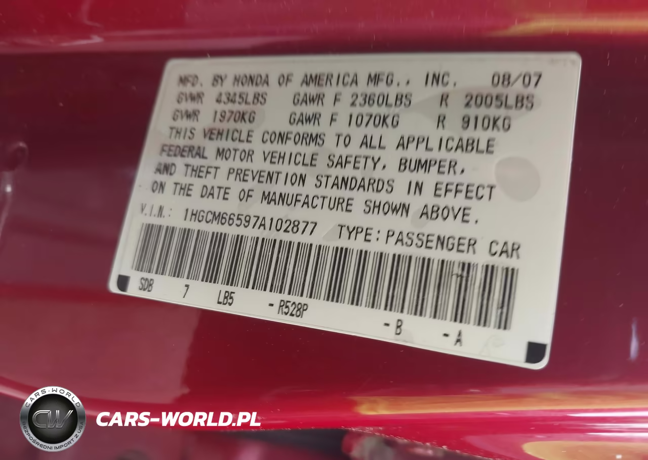 2007 Honda Accord 3.0 Ex VIN:1HGCM66597A102877 - 9