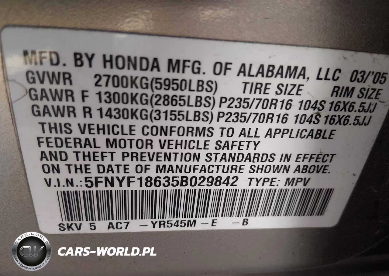 2005 Honda Pilot Ex-L VIN:5FNYF18635B029842 - 9