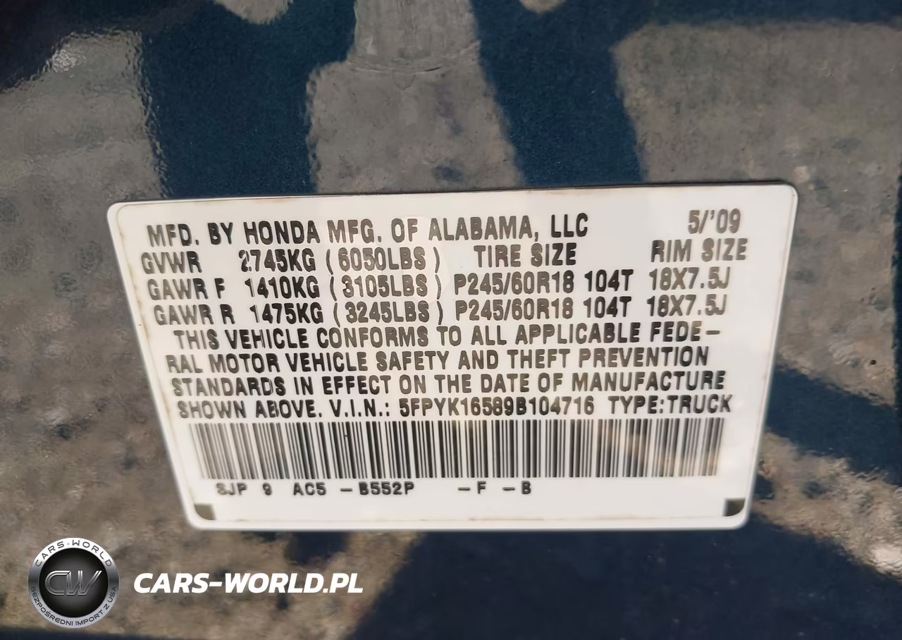 2009 Honda Ridgeline Rtl VIN:5FPYK16589B104716 - 9