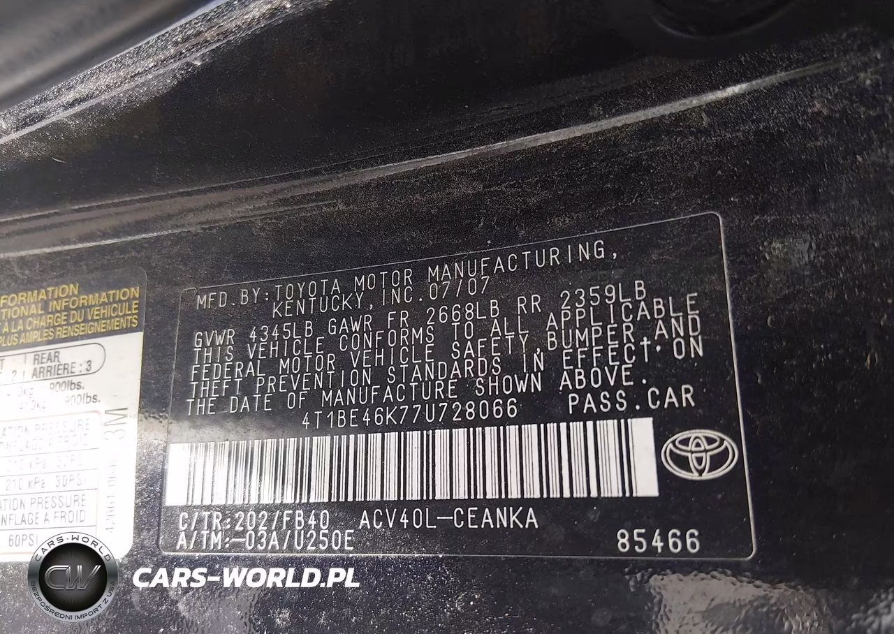 2007 Toyota Camry Le VIN:4T1BE46K77U728066 - 9
