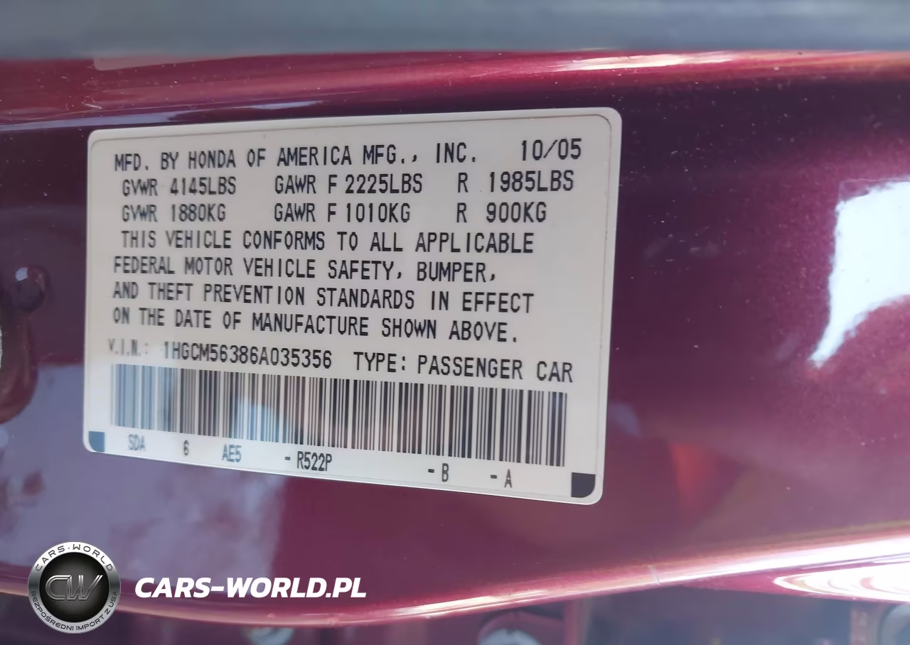 2006 Honda Accord 2.4 Se VIN:1HGCM56386A035356 - 9