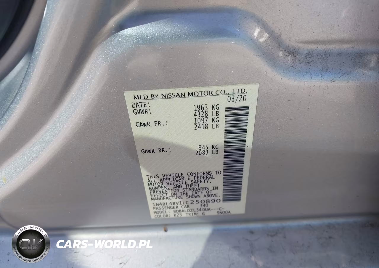 2020 Nissan Altima S Fwd VIN:1N4BL4BV1LC250890 - 9