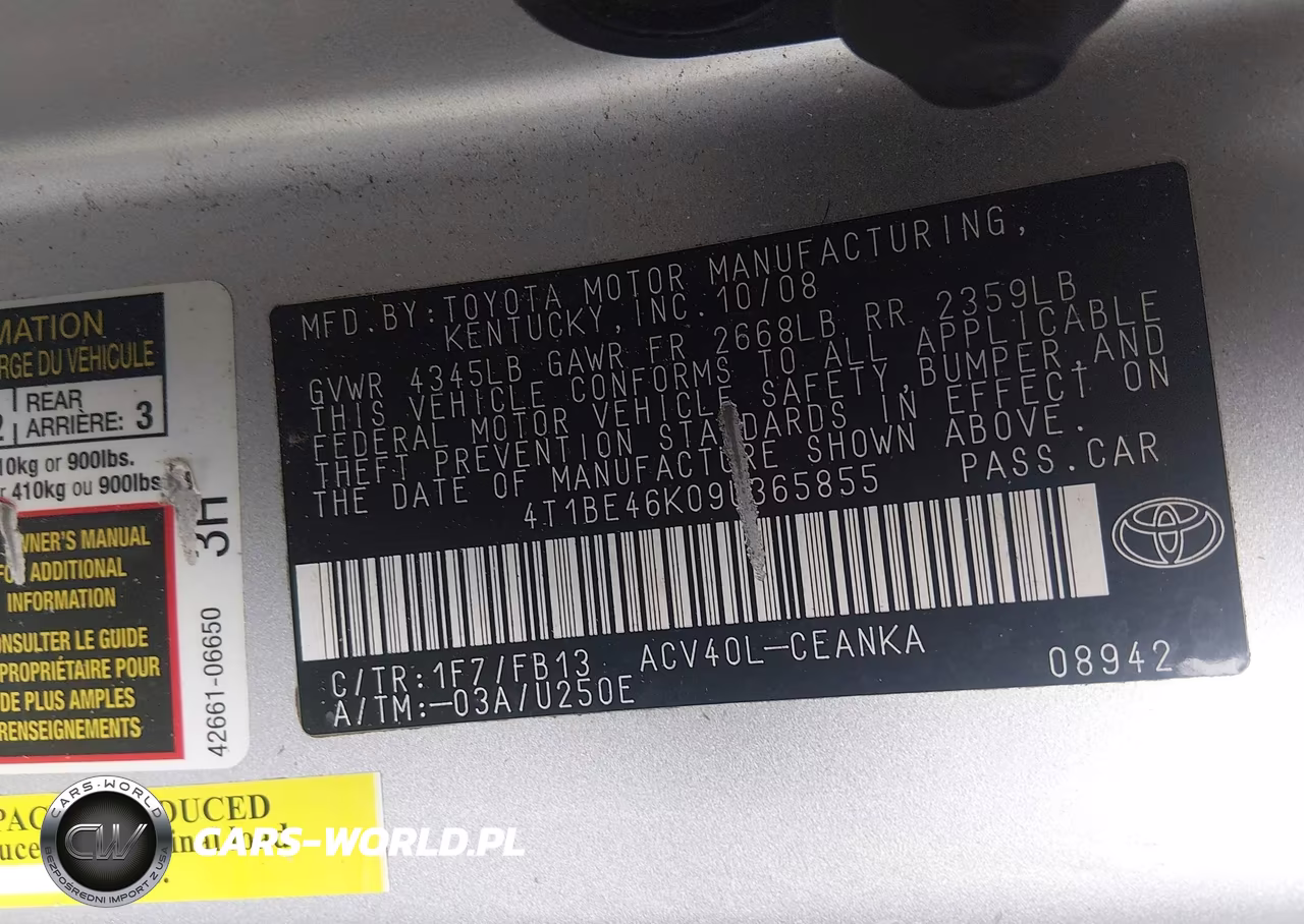 2009 Toyota Camry Le VIN:4T1BE46K09U365855 - 9