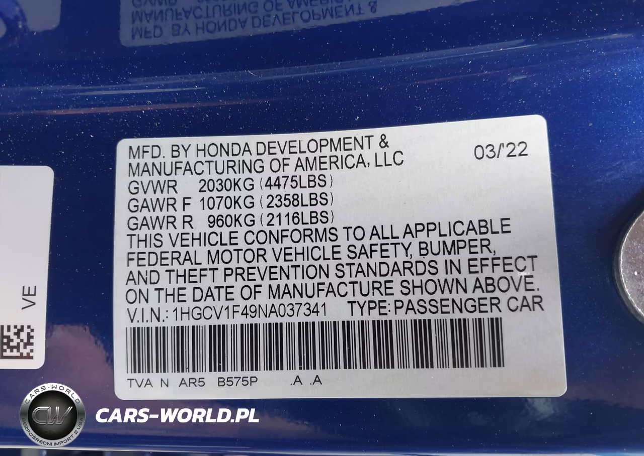 2022 Honda Accord Sport Special Edition VIN:1HGCV1F49NA037341 - 9