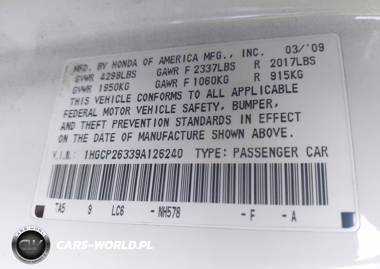 2009 Honda Accord 2.4 Lx VIN:1HGCP26339A126240 - 9
