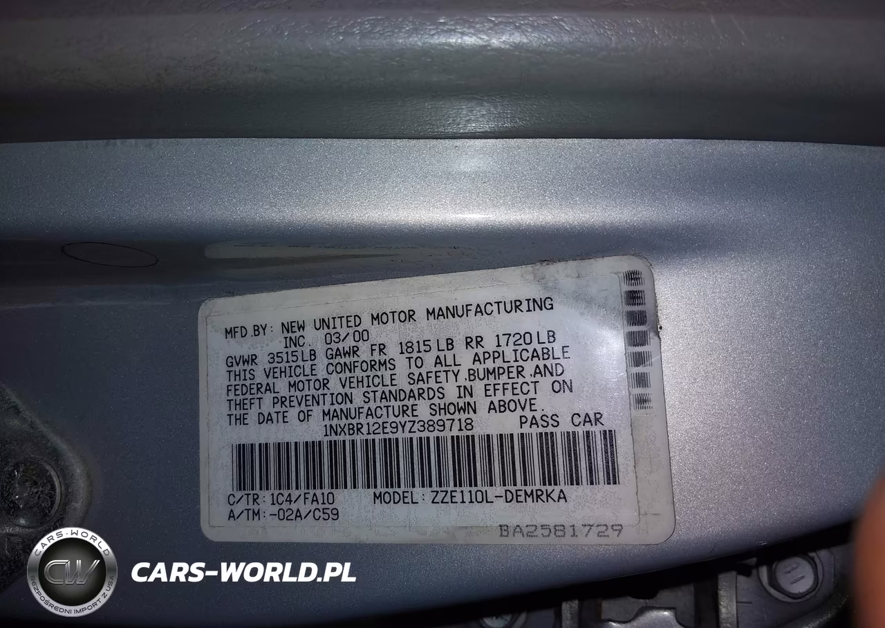 2000 Toyota Corolla Ve VIN:1NXBR12E9YZ389718 - 9