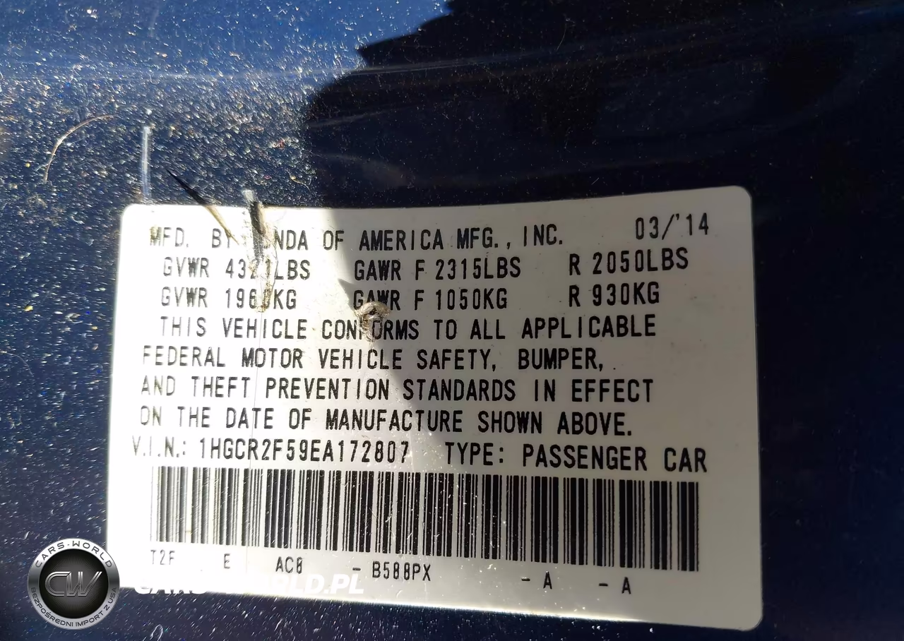 2014 Honda Accord Sport VIN:1HGCR2F59EA172807 - 9