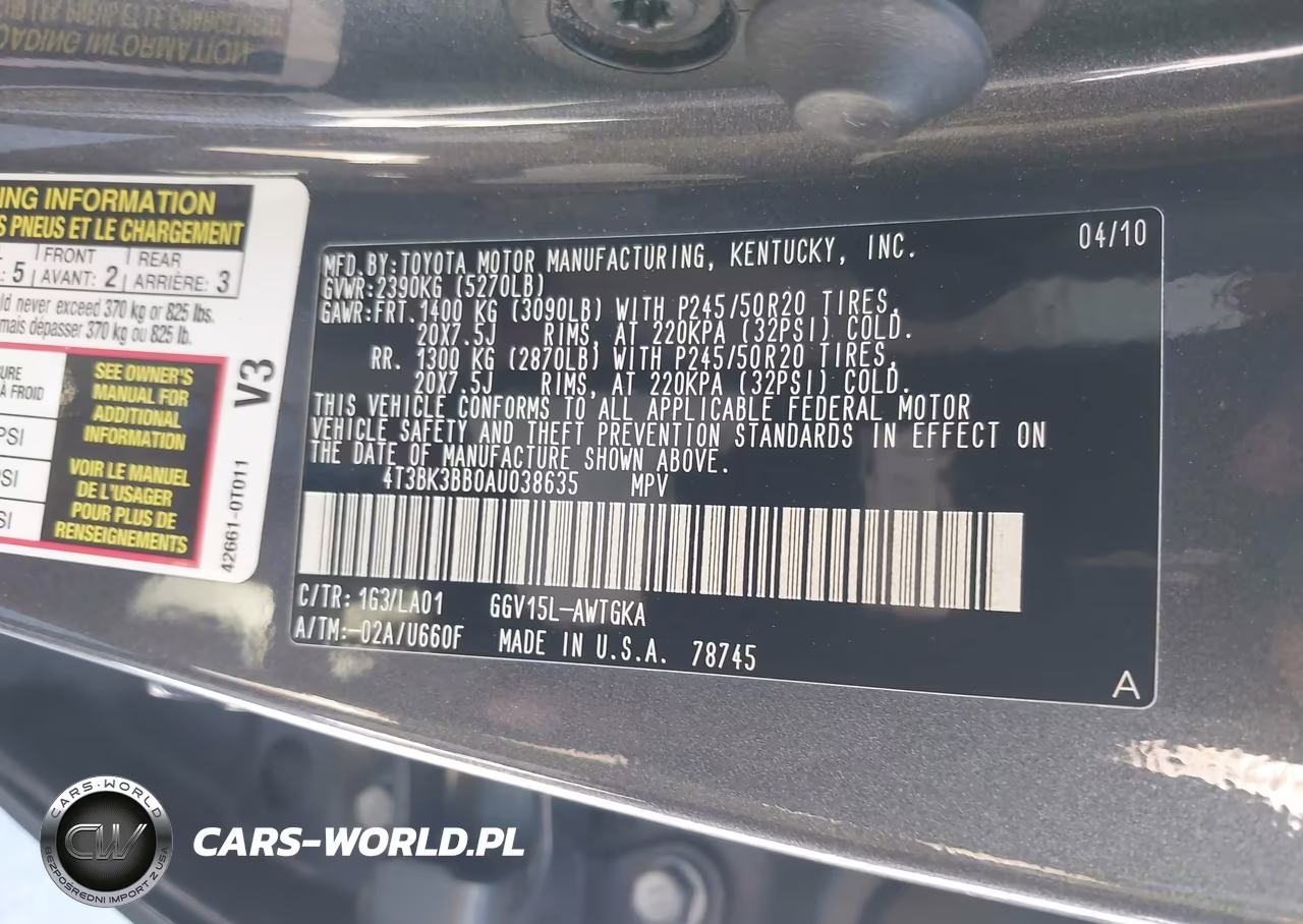 2010 Toyota Venza Base V6 VIN:4T3BK3BB0AU038635 - 9