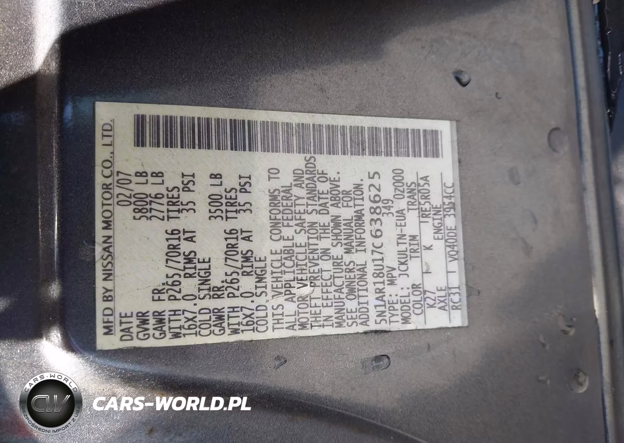 2007 Nissan Pathfinder Se VIN:5N1AR18U17C638625 - 9