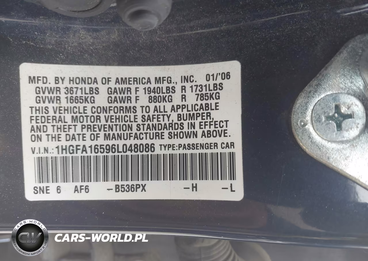 2006 Honda Civic Lx VIN:1HGFA16596L048086 - 9