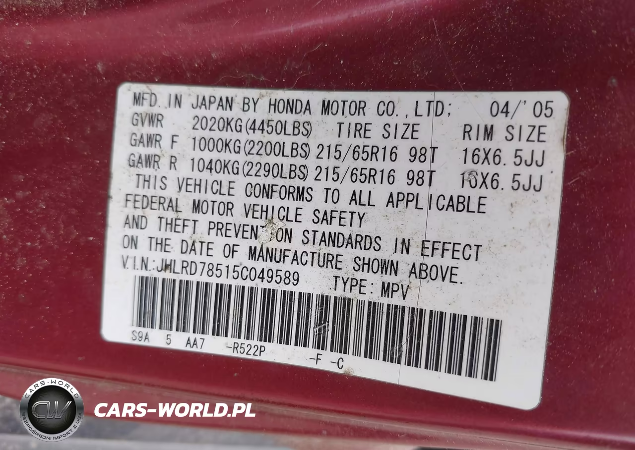 2005 Honda Cr-V Lx VIN:JHLRD78515C049589 - 9