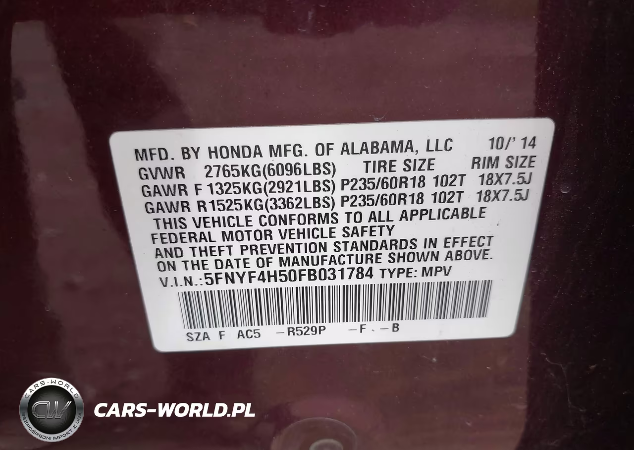 2015 Honda Pilot Ex-L VIN:5FNYF4H50FB031784 - 9