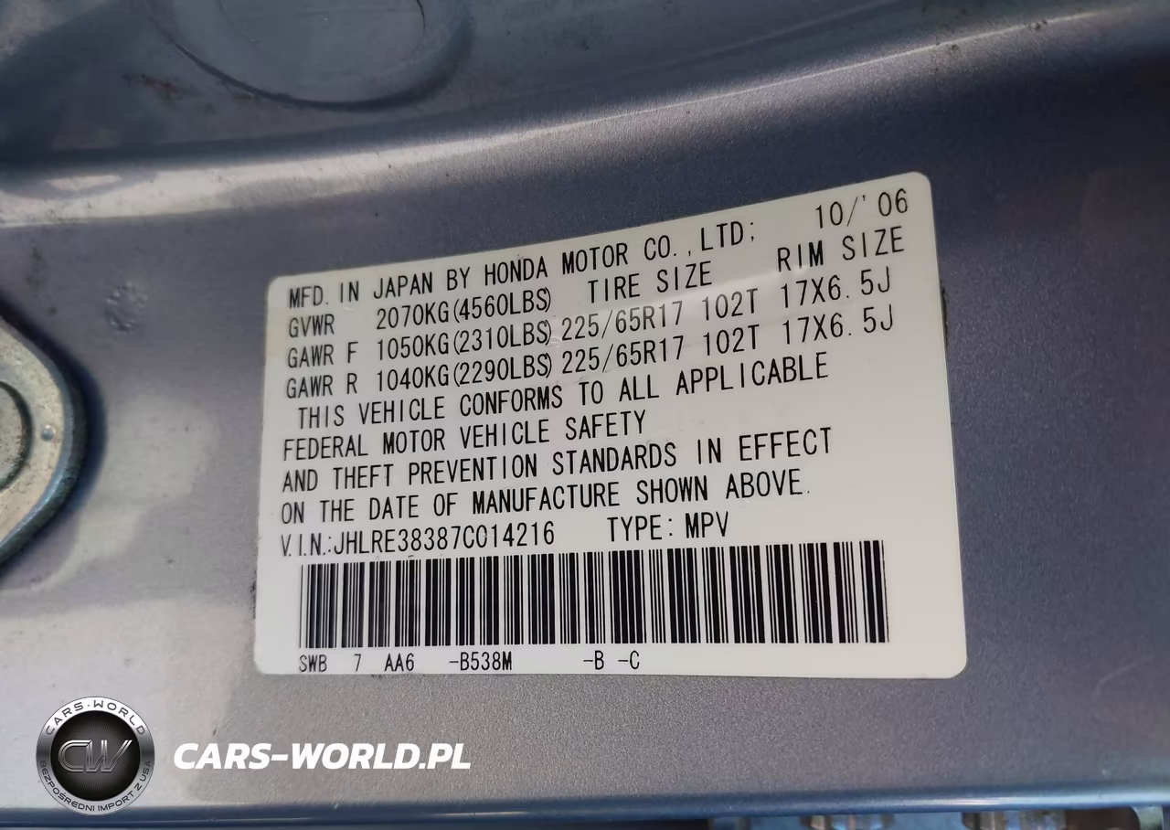 2007 Honda Cr-V Lx VIN:JHLRE38387C014216 - 9