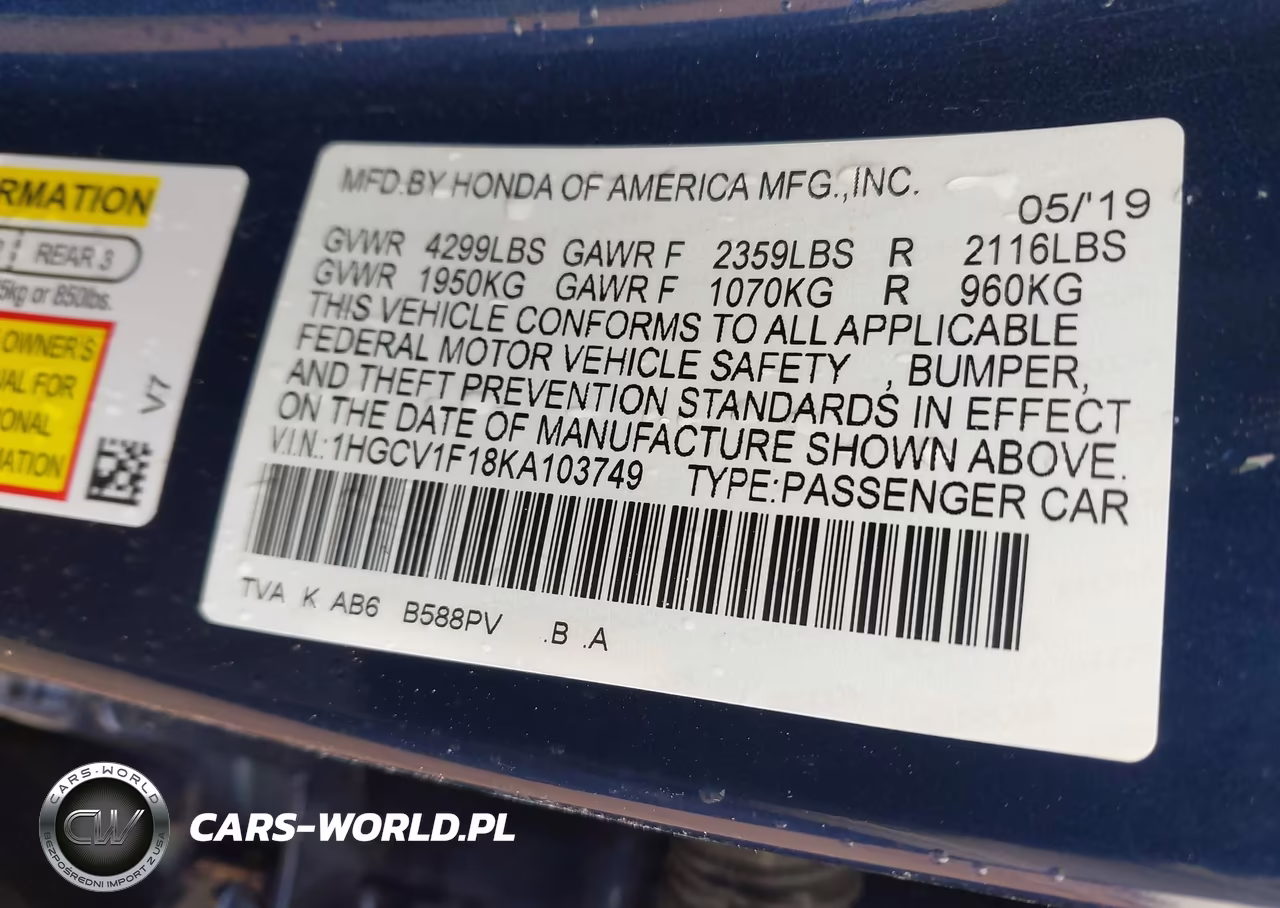 2019 Honda Accord Lx VIN:1HGCV1F18KA103749 - 9