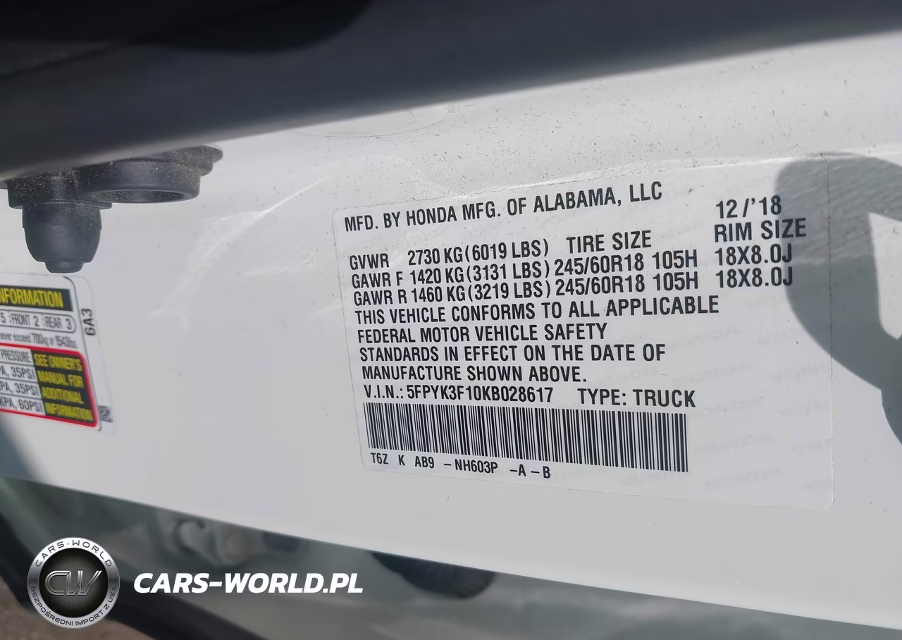 2019 Honda Ridgeline Sport VIN:5FPYK3F10KB028617 - 9