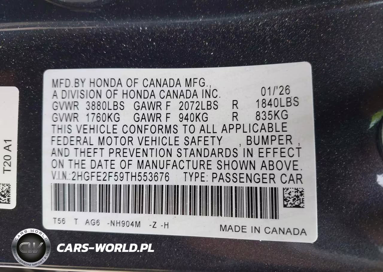2026 Honda Civic Sport VIN:2HGFE2F59TH553676 - 9