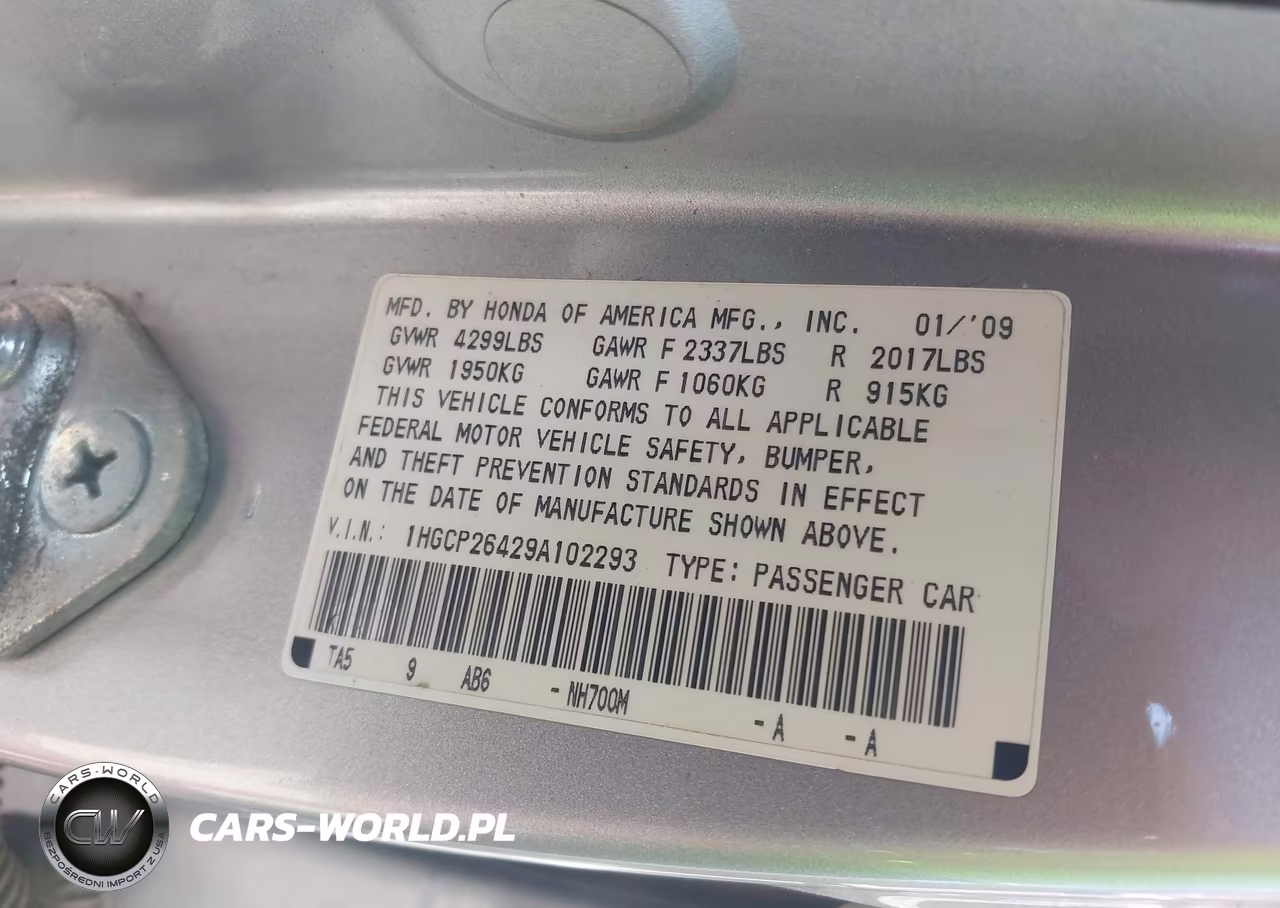 2009 Honda Accord 2.4 Lx-P VIN:1HGCP26429A102293 - 9