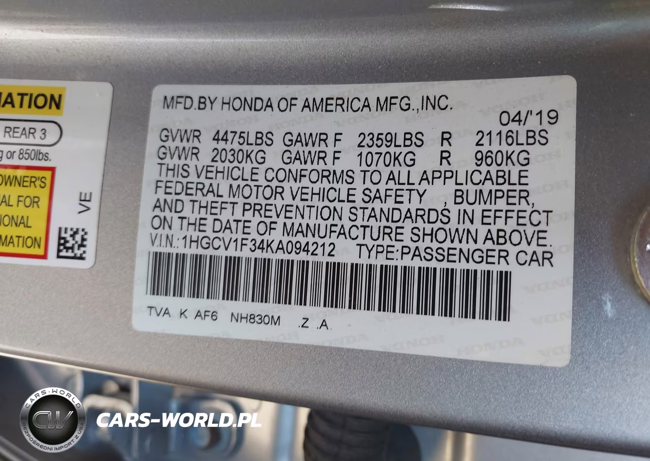 2019 Honda Accord Sport VIN:1HGCV1F34KA094212 - 9