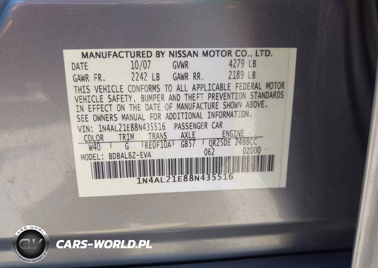 2008 Nissan Altima 2.5 Sl VIN:1N4AL21E88N435516 - 9