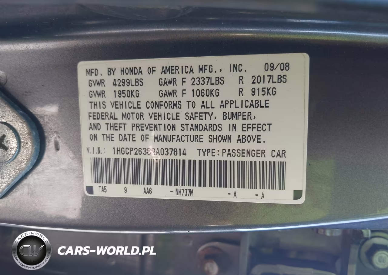 2009 Honda Accord 2.4 Lx VIN:1HGCP26389A037814 - 9