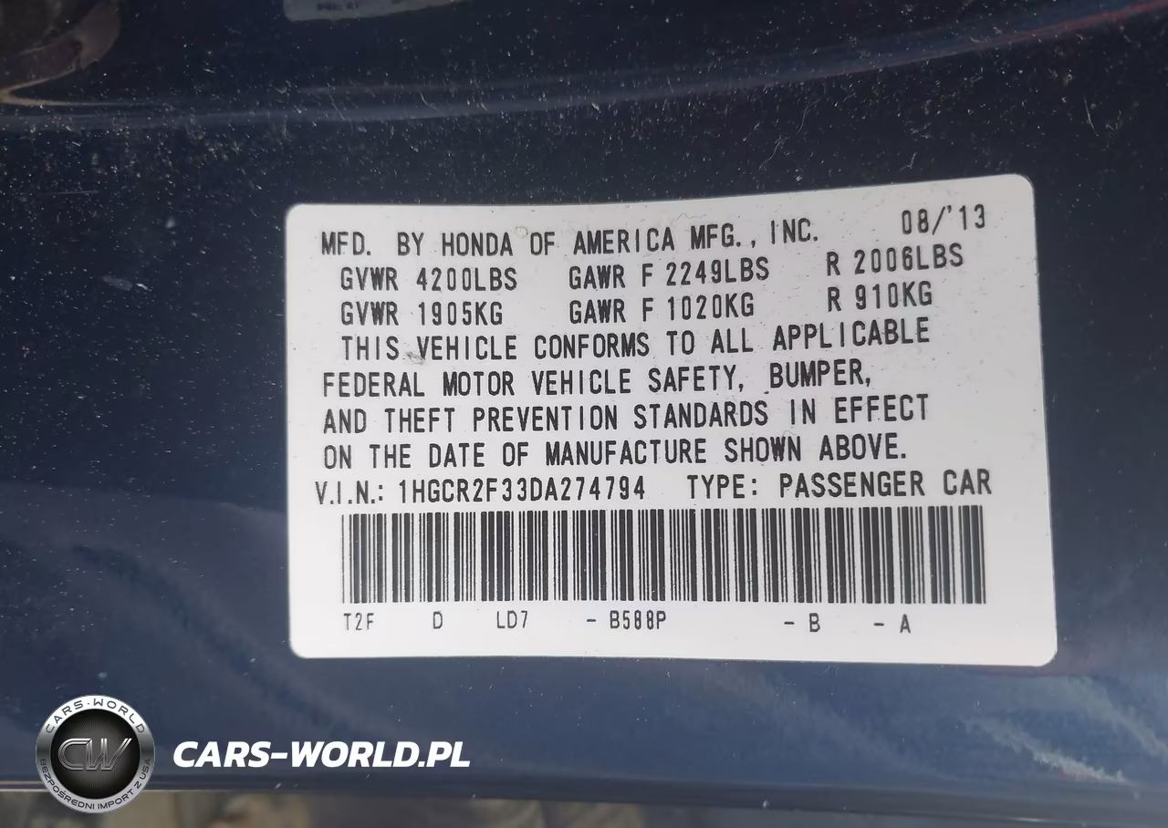2013 Honda Accord Lx VIN:1HGCR2F33DA274794 - 9
