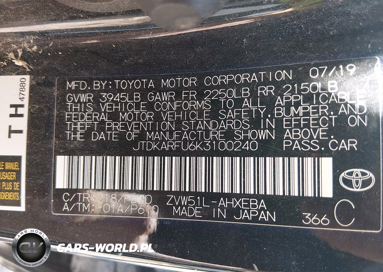 2019 Toyota Prius Le VIN:JTDKARFU6K3100240 - 9