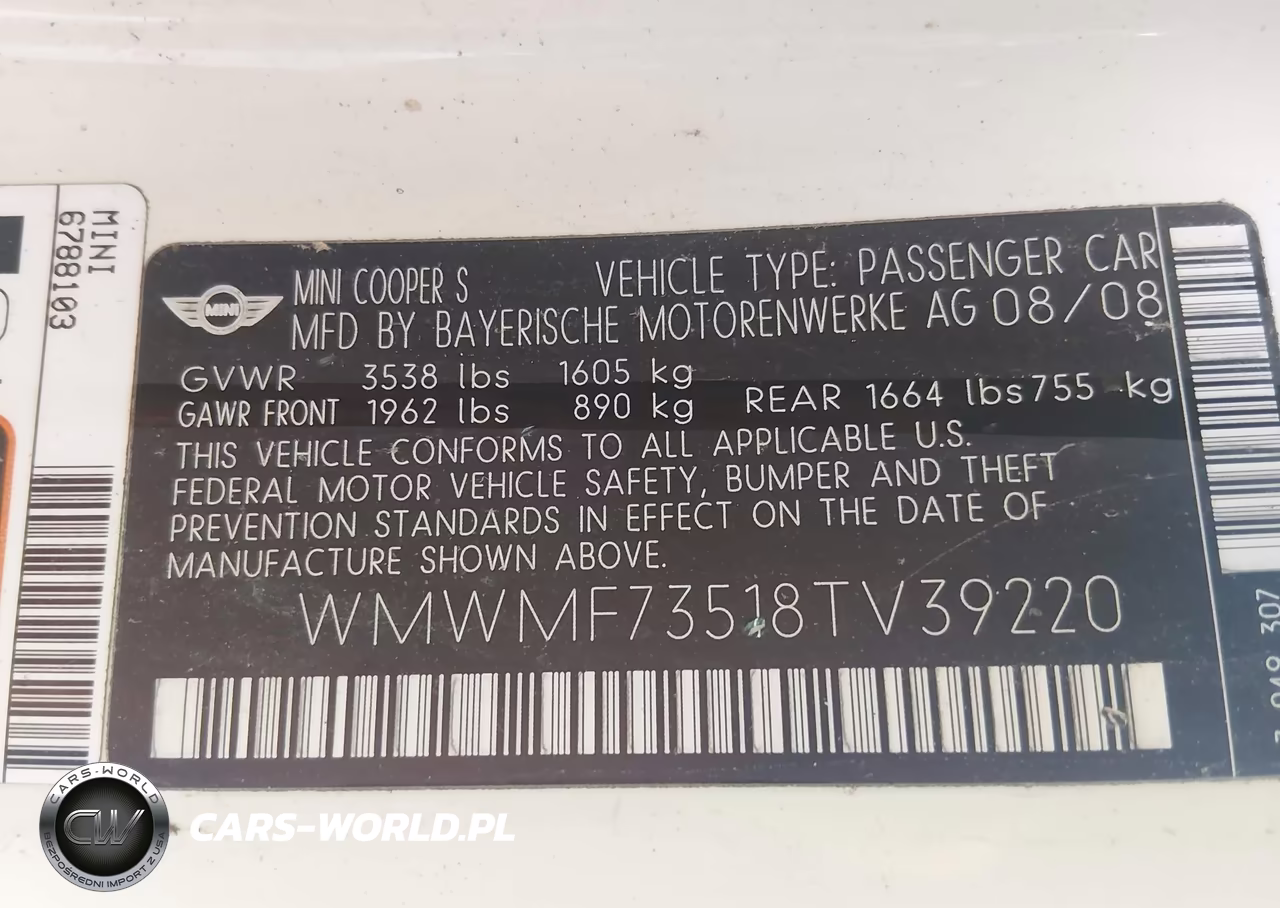 2008 Mini Cooper S VIN:WMWMF73518TV39220 - 9