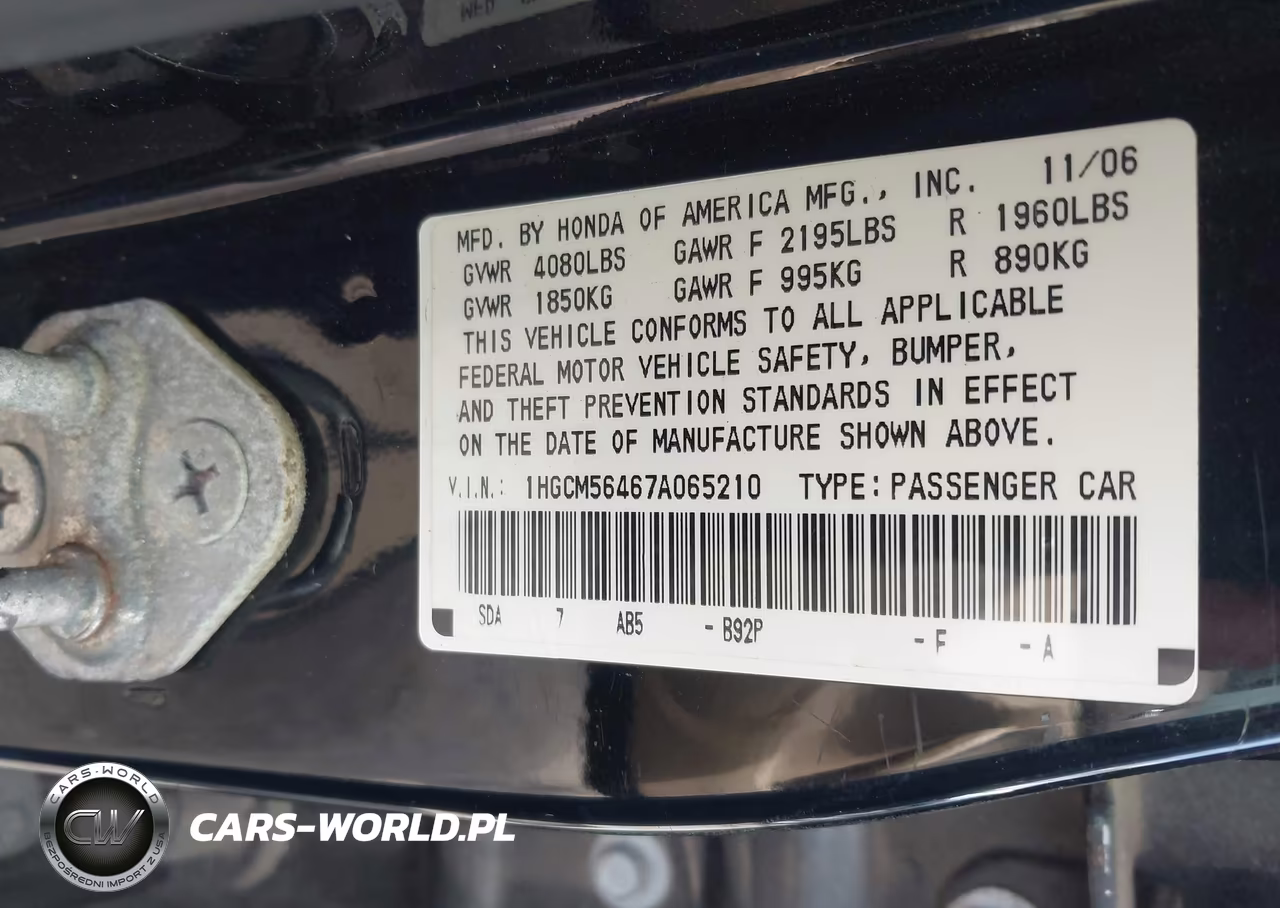 2007 Honda Accord 2.4 Lx VIN:1HGCM56467A065210 - 9