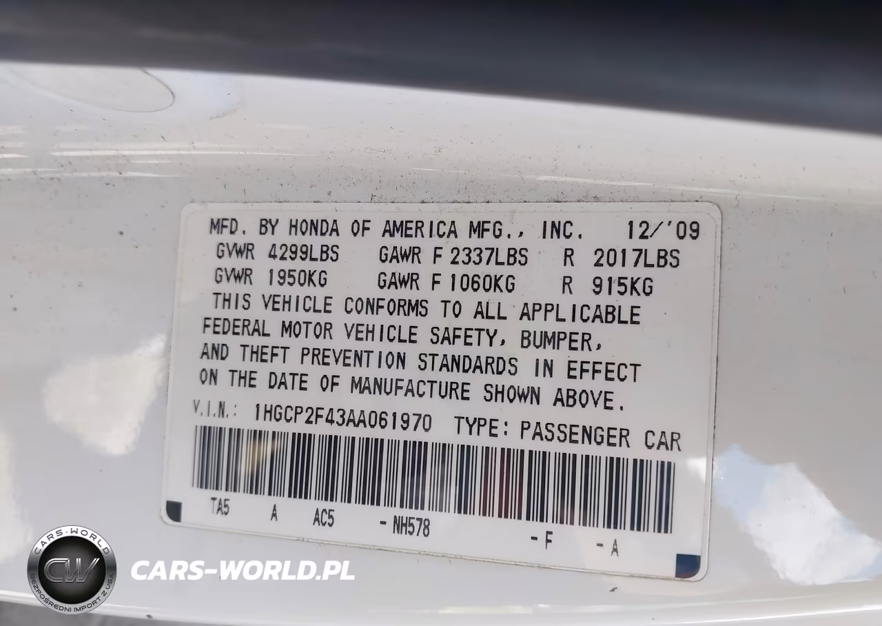 2010 Honda Accord 2.4 Lx-P VIN:1HGCP2F43AA061970 - 9