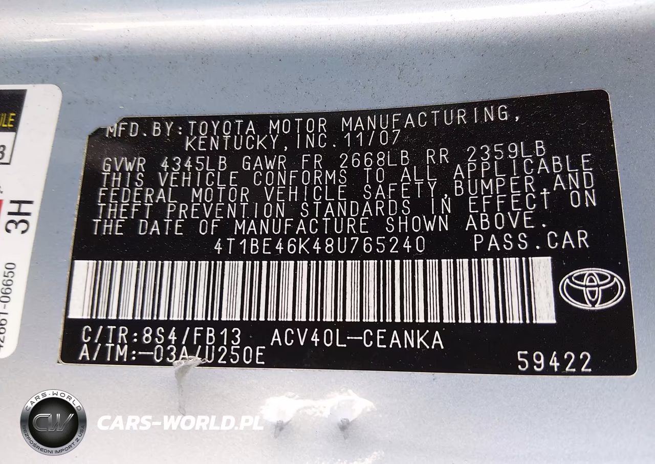 2008 Toyota Camry Le VIN:4T1BE46K48U765240 - 9