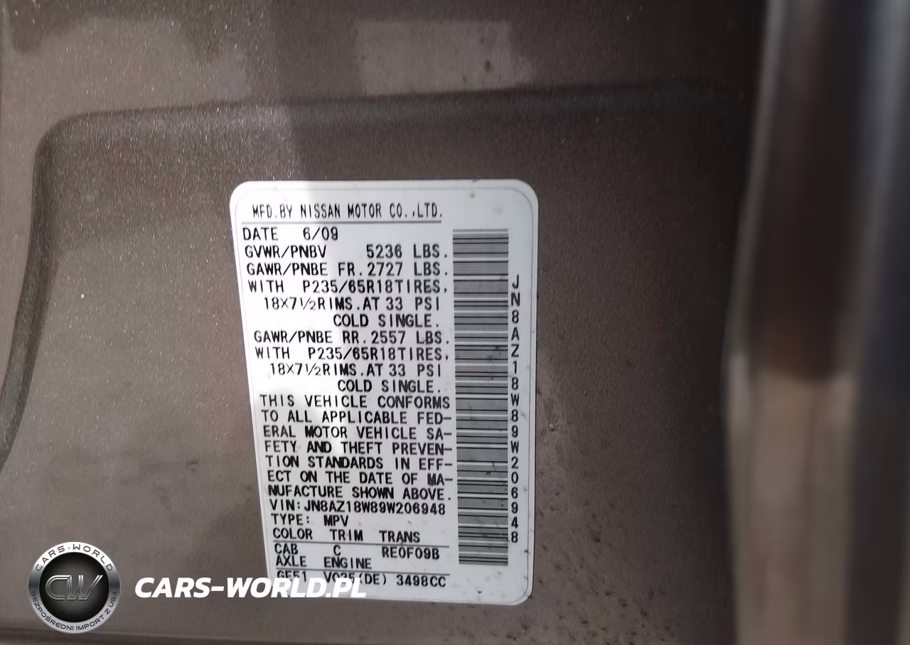 2009 Nissan Murano Sl VIN:JN8AZ18W89W206948 - 9