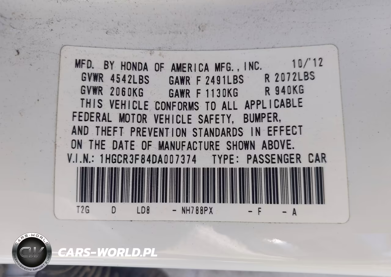 2013 Honda Accord Ex-L V-6 VIN:1HGCR3F84DA007374 - 9
