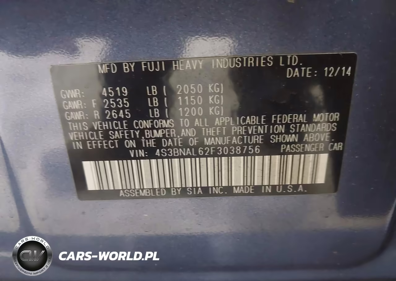 2015 Subaru Legacy 2.5I Limited VIN:4S3BNAL62F3038756 - 9