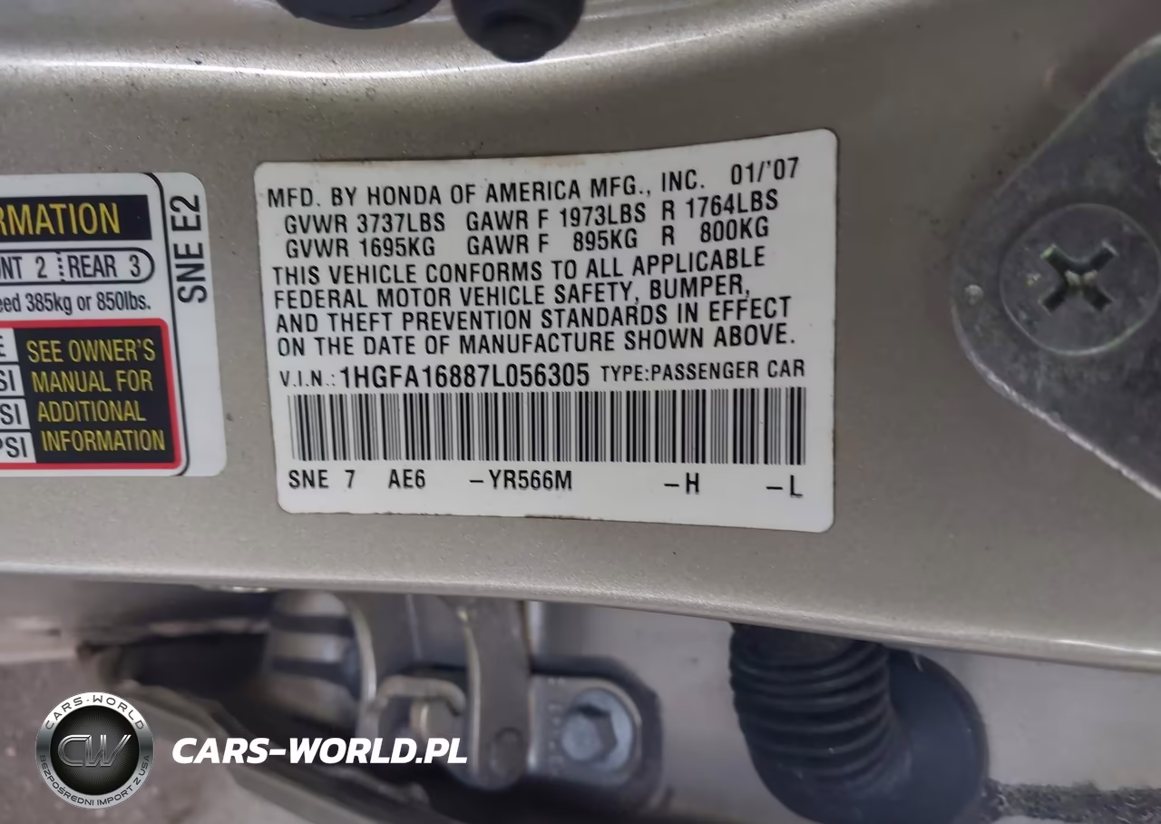 2007 Honda Civic Ex VIN:1HGFA16887L056305 - 9