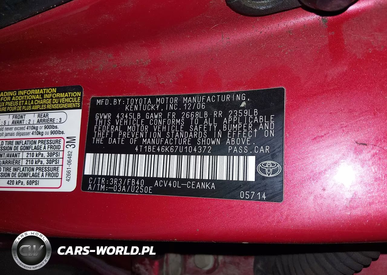 2007 Toyota Camry Le VIN:4T1BE46K67U104372 - 9