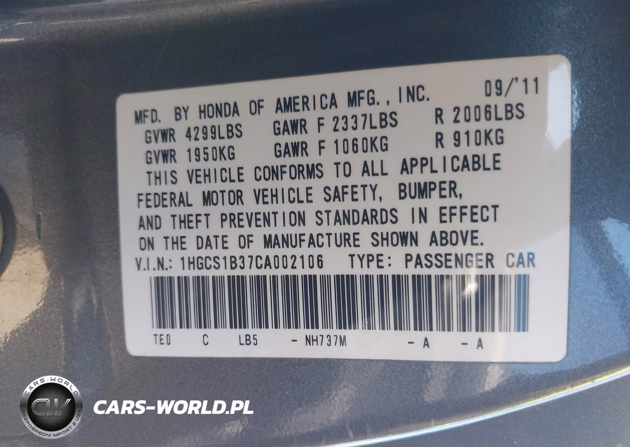 2012 Honda Accord 2.4 Lx-S VIN:1HGCS1B37CA002106 - 9