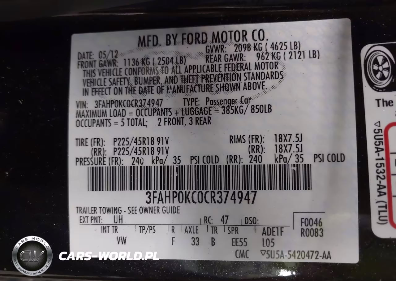 2012 Ford Fusion Sport VIN:3FAHP0KC0CR374947 - 9