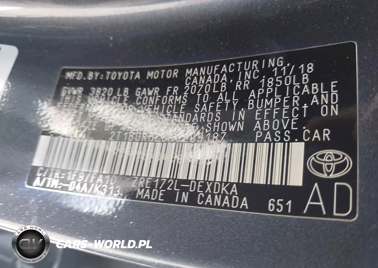 2019 Toyota Corolla L VIN:2T1BURHE8KC209187 - 9
