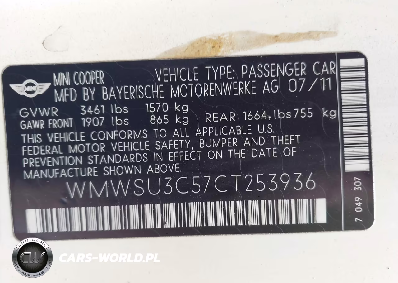 2012 Mini Cooper VIN:WMWSU3C57CT253936 - 9