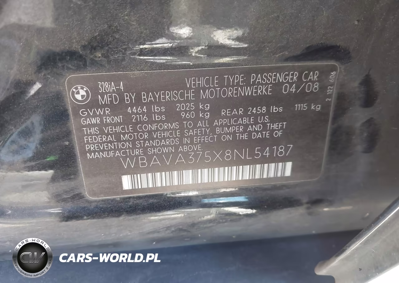2008 BMW 328I VIN:WBAVA375X8NL54187 - 9