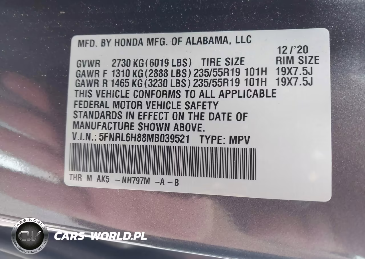 2021 Honda Odyssey Touring VIN:5FNRL6H88MB039521 - 9