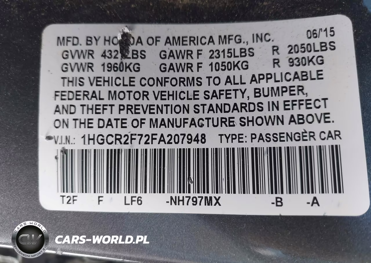 2015 Honda Accord Ex VIN:1HGCR2F72FA207948 - 9