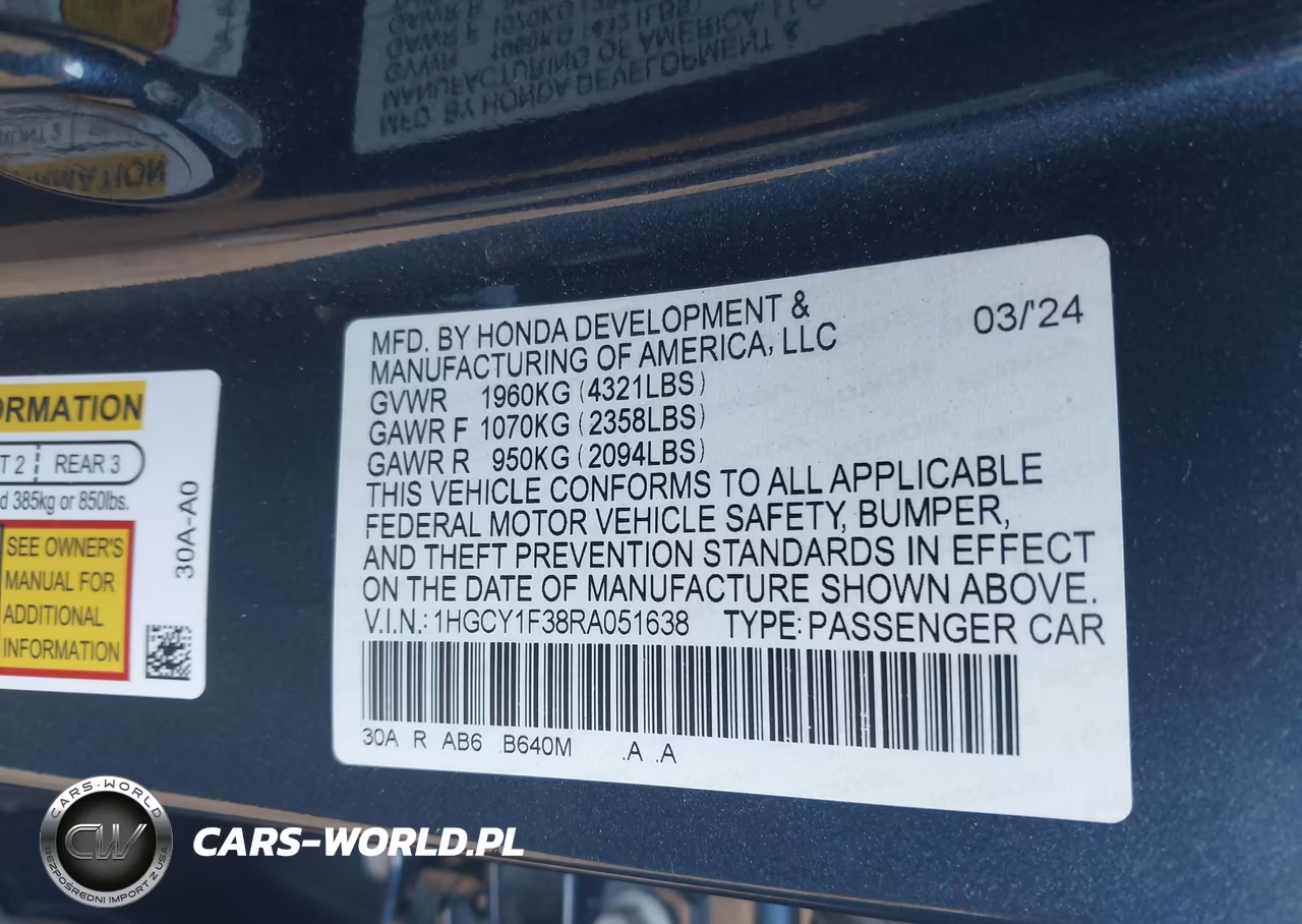 2024 Honda Accord Ex VIN:1HGCY1F38RA051638 - 9