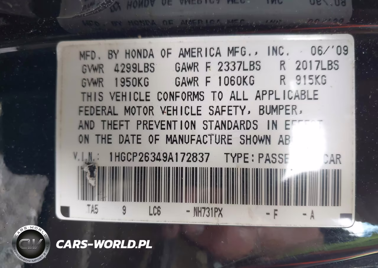 2009 Honda Accord 2.4 Lx VIN:1HGCP26349A172837 - 9
