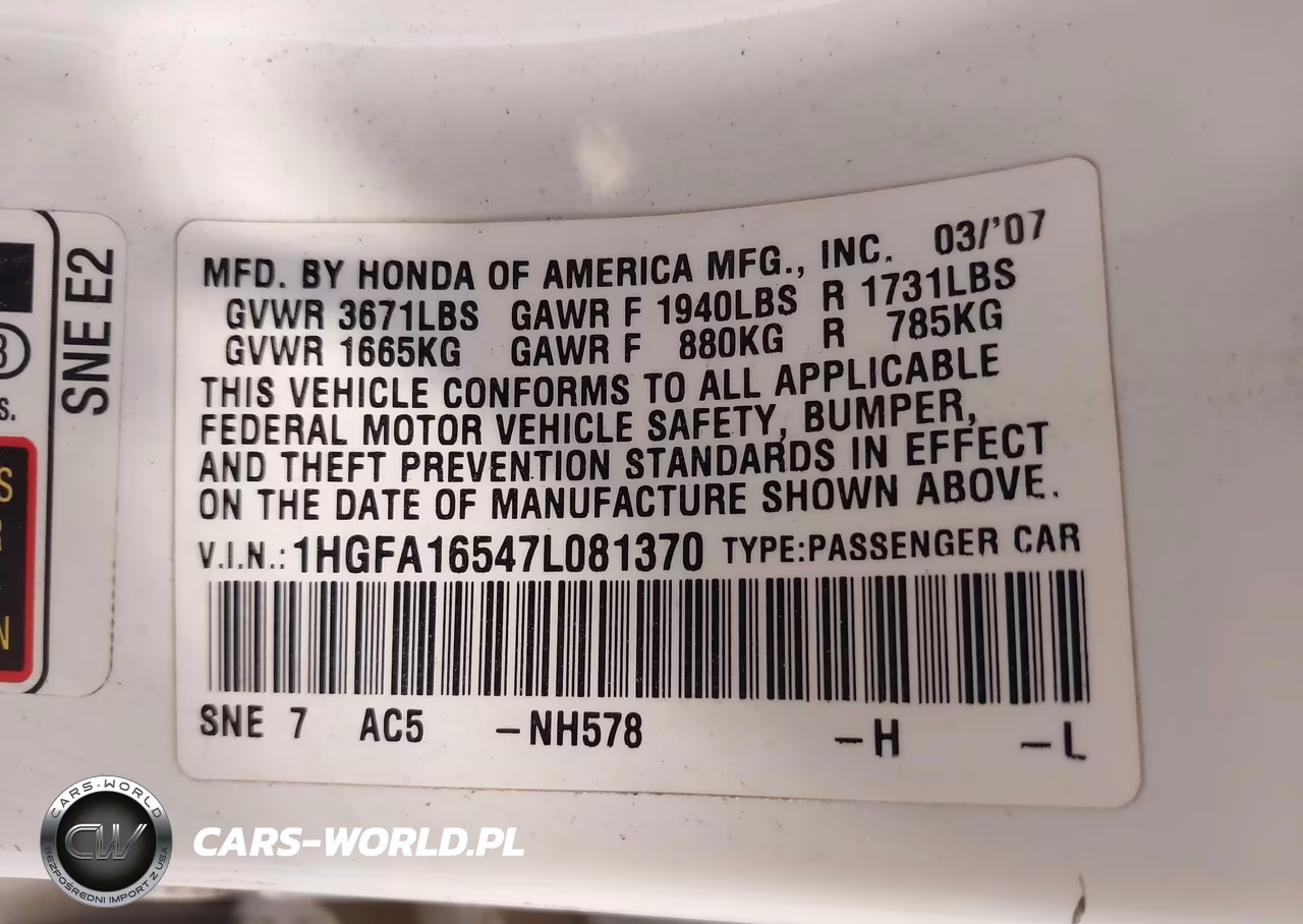 2007 Honda Civic Lx VIN:1HGFA16547L081370 - 9