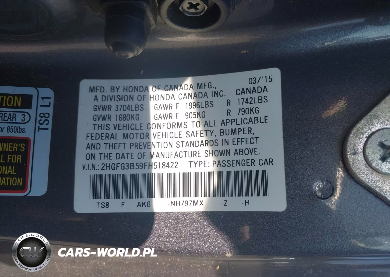 2015 Honda Civic Lx VIN:2HGFG3B59FH518422 - 9