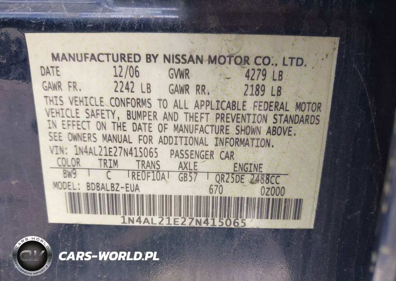 2007 Nissan Altima 2.5 S VIN:1N4AL21E27N415065 - 9