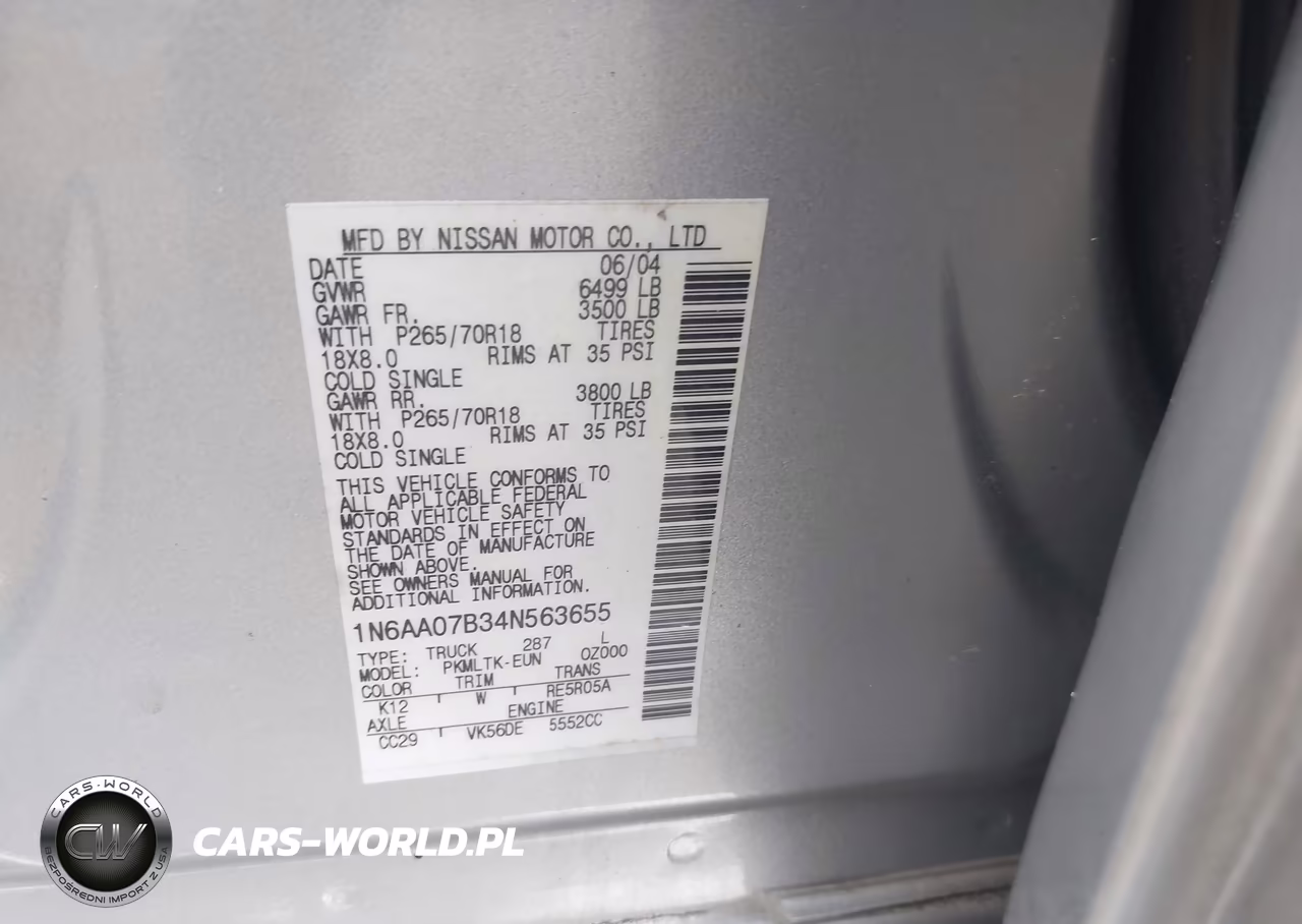 2004 Nissan Titan Se VIN:1N6AA07B34N563655 - 9