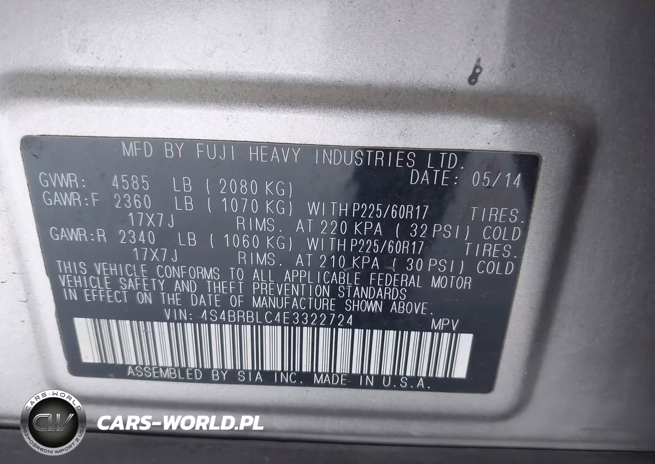 2014 Subaru Outback 2.5I Limited VIN:4S4BRBLC4E3322724 - 9