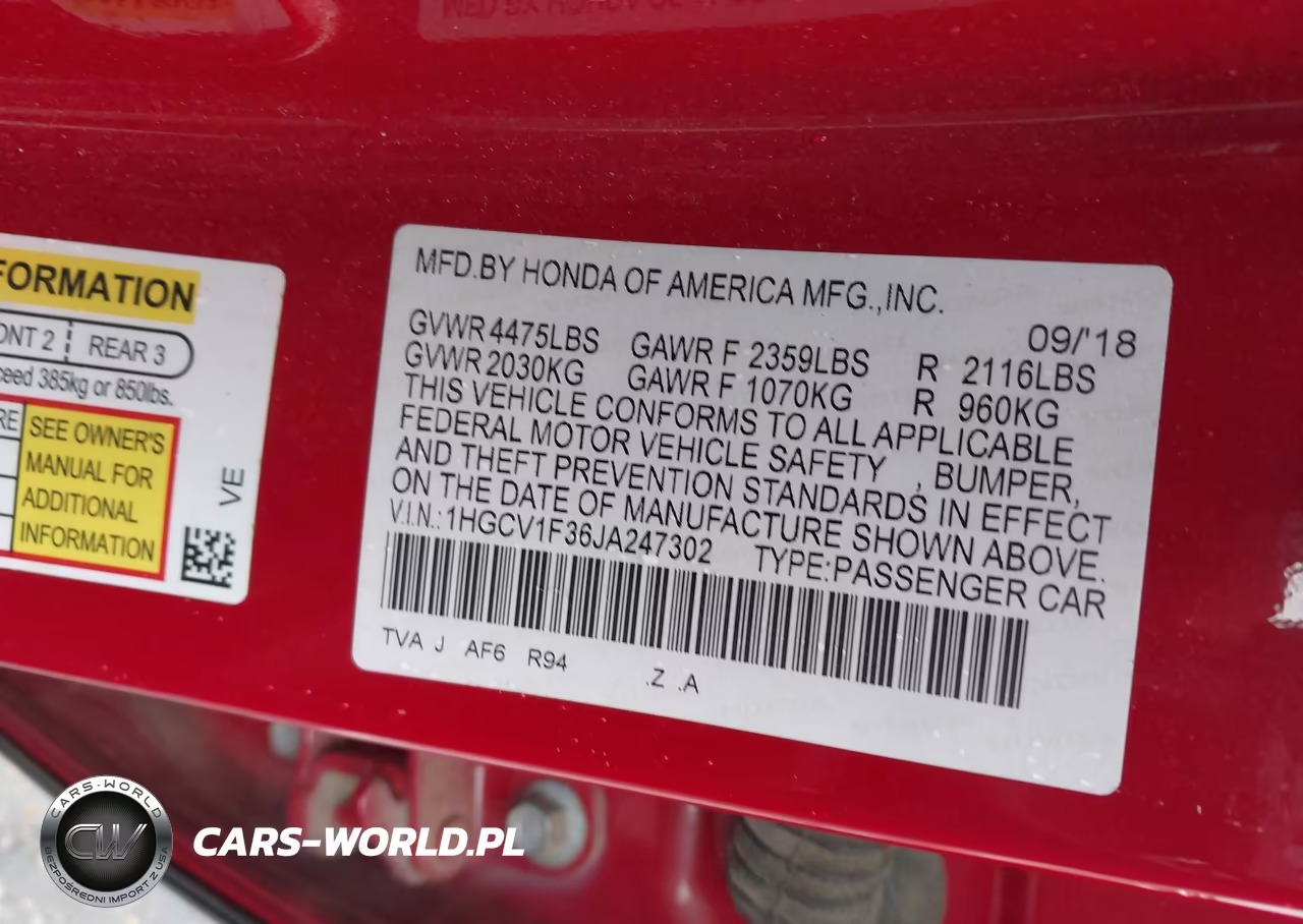 2018 Honda Accord Sport VIN:1HGCV1F36JA247302 - 9